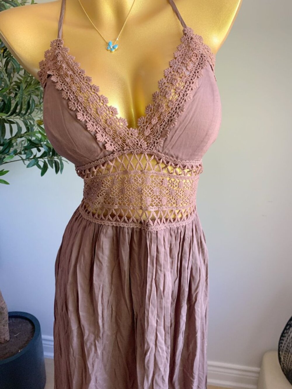 Brown Lace Crochet Cross Back Maxi Dress Boho Size M NWT - Picture 3 of 8